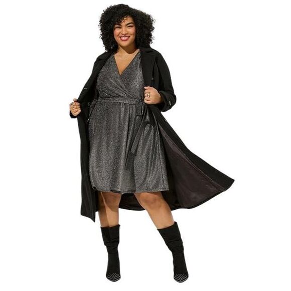 Torrid Plus Sz 2X Dress Mini Glitter Lurex Surplice Tiered Faux‎ Wrap Silver 964 - Picture 2 of 15